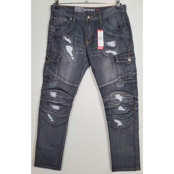 Imperious Men 34 x 32 Black Denim Skinny Fit Distressed Biker Pants / Jeans - Picture 1 of 9